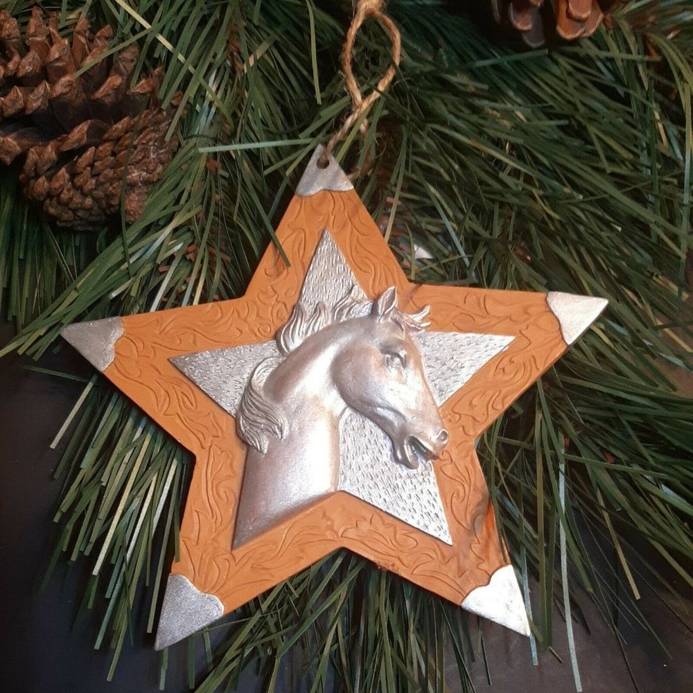 5" Silver Horse Head on Star Christmas Ornament